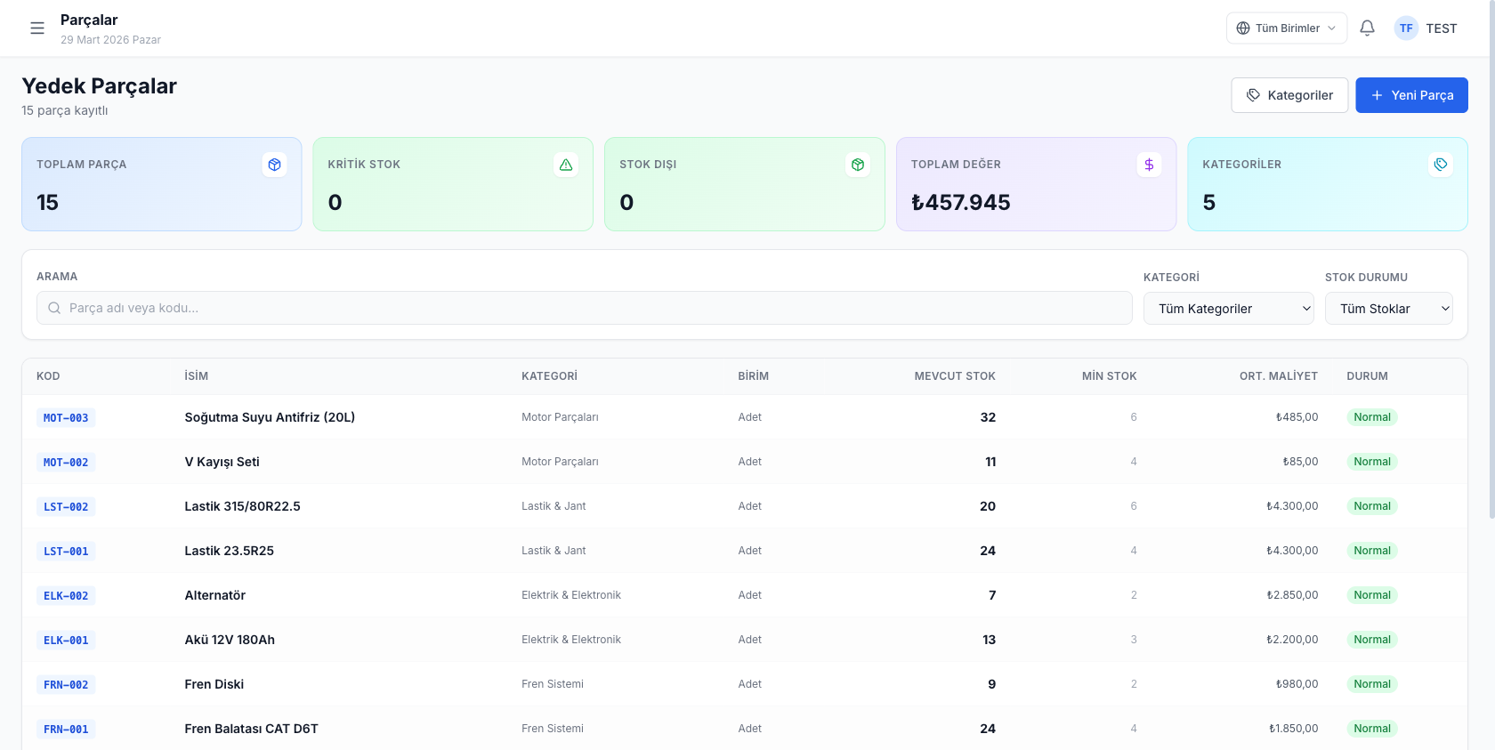 Yedek Parça Stok Ekranı